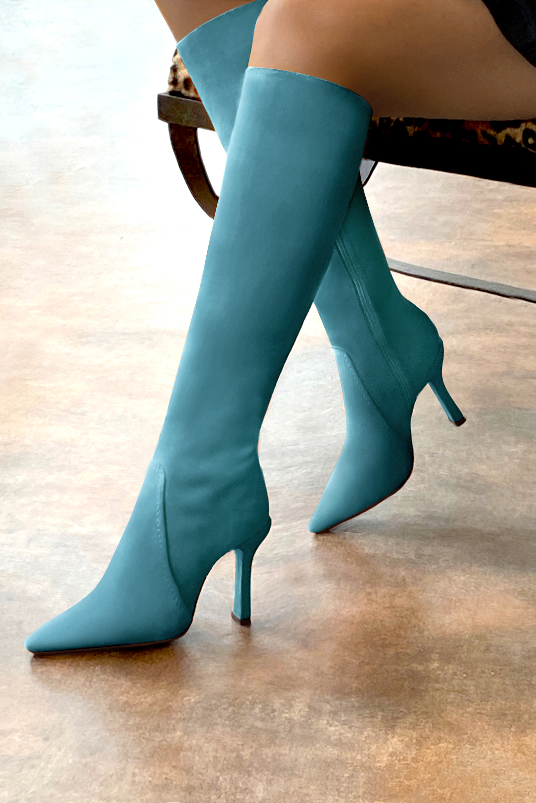 Peacock blue women's feminine knee-high boots. Pointed toe. Very high spool heels. Made to measure. Rear view - Florence KOOIJMAN